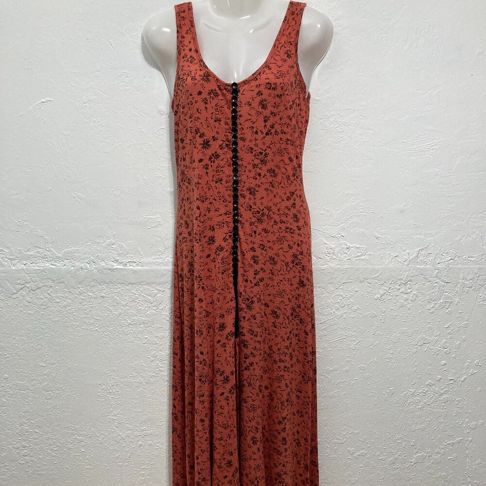 Signature 8 Floral Maxi Dress Sleeveless Tank Button Front Slit Fall Orange L